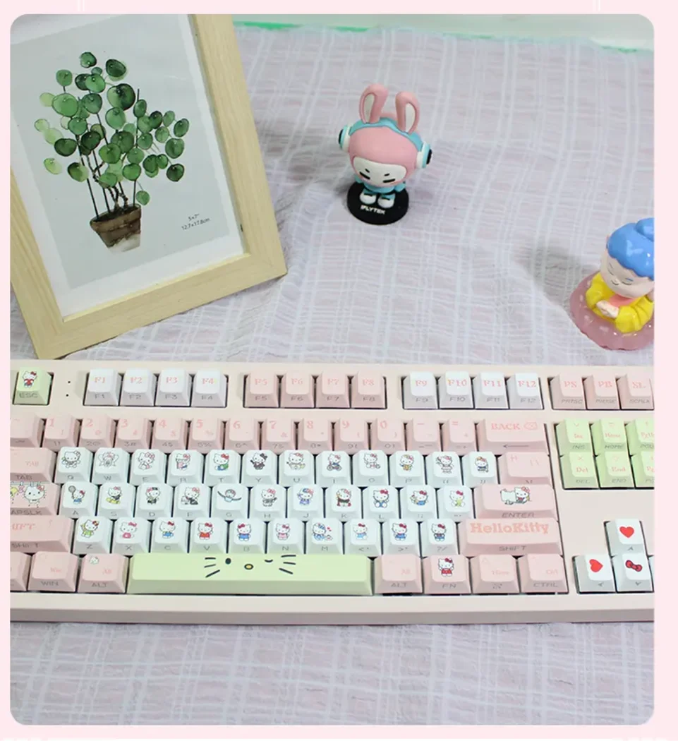 Hello Kitty Joyful Pink Dye-Sub PBT Keycaps set featuring iconic characters, pastel pink and white colors, and durable PBT for backlight keyboards.