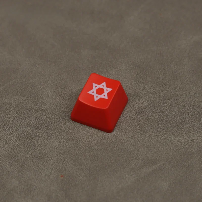 Vibrant red hexagram backlit ABS ESC keycap, captured from multiple angles, highlighting its mystical glow and intricate geometric design.