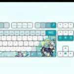 Multiple angles of the vibrant Hikawa Sayo BanG Dream! PBT keycap set showcase its dynamic anime art, rich colors, and durable texture, ready for RGB keyboard.