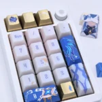 Close-up view of the exclusive Soloist Honkai Star Rail Cherry Profile keycaps set, highlighting their elegant character designs and musical motifs.