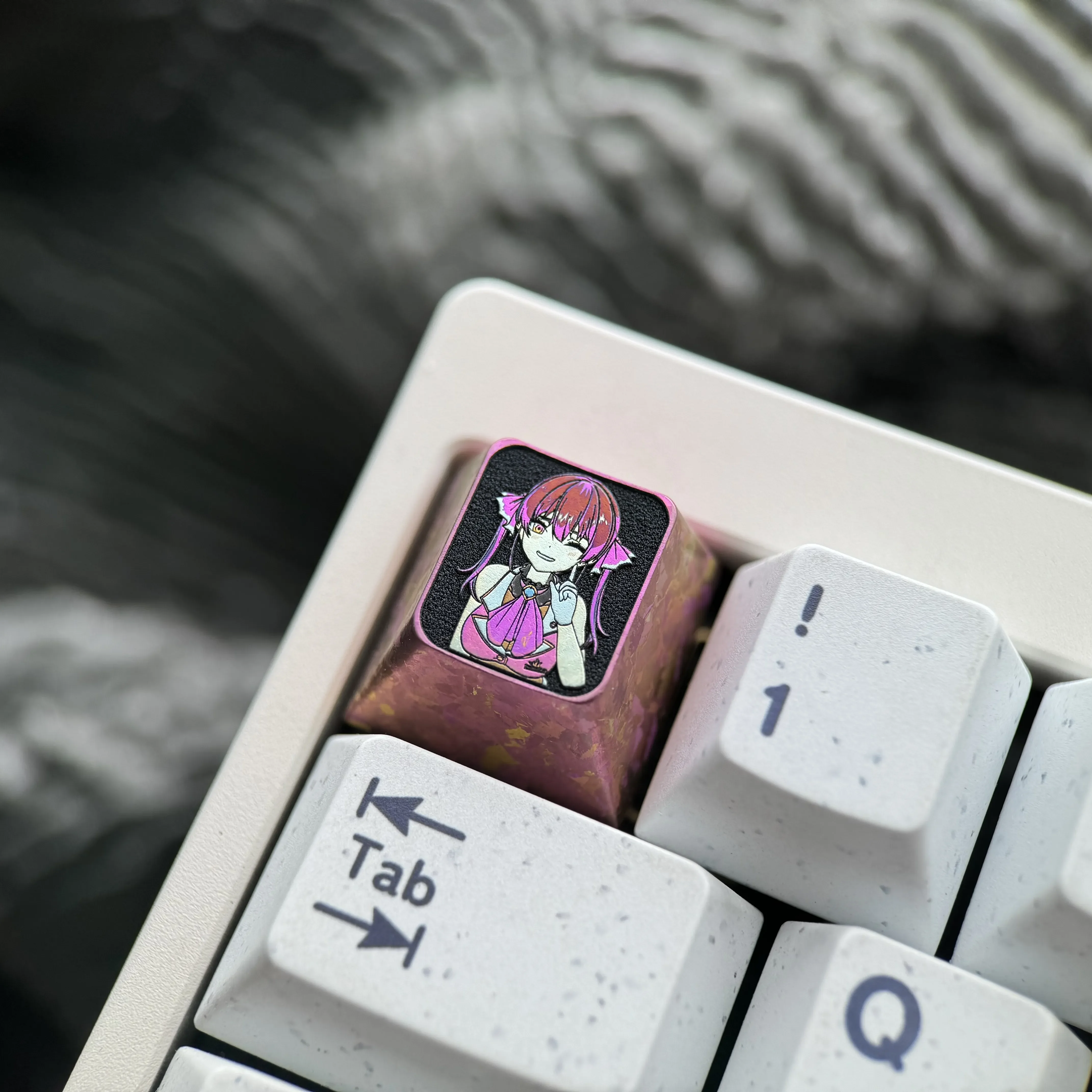 Premium titanium Houshou Marine keycap gallery, displaying vibrant anime character art and detailed metallic craftsmanship from all angles.