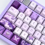 Multiple views of the exclusive Honkai Star Rail Castorice Cherry keycaps set, highlighting its ethereal universe aesthetic and elegant butterfly motifs.
