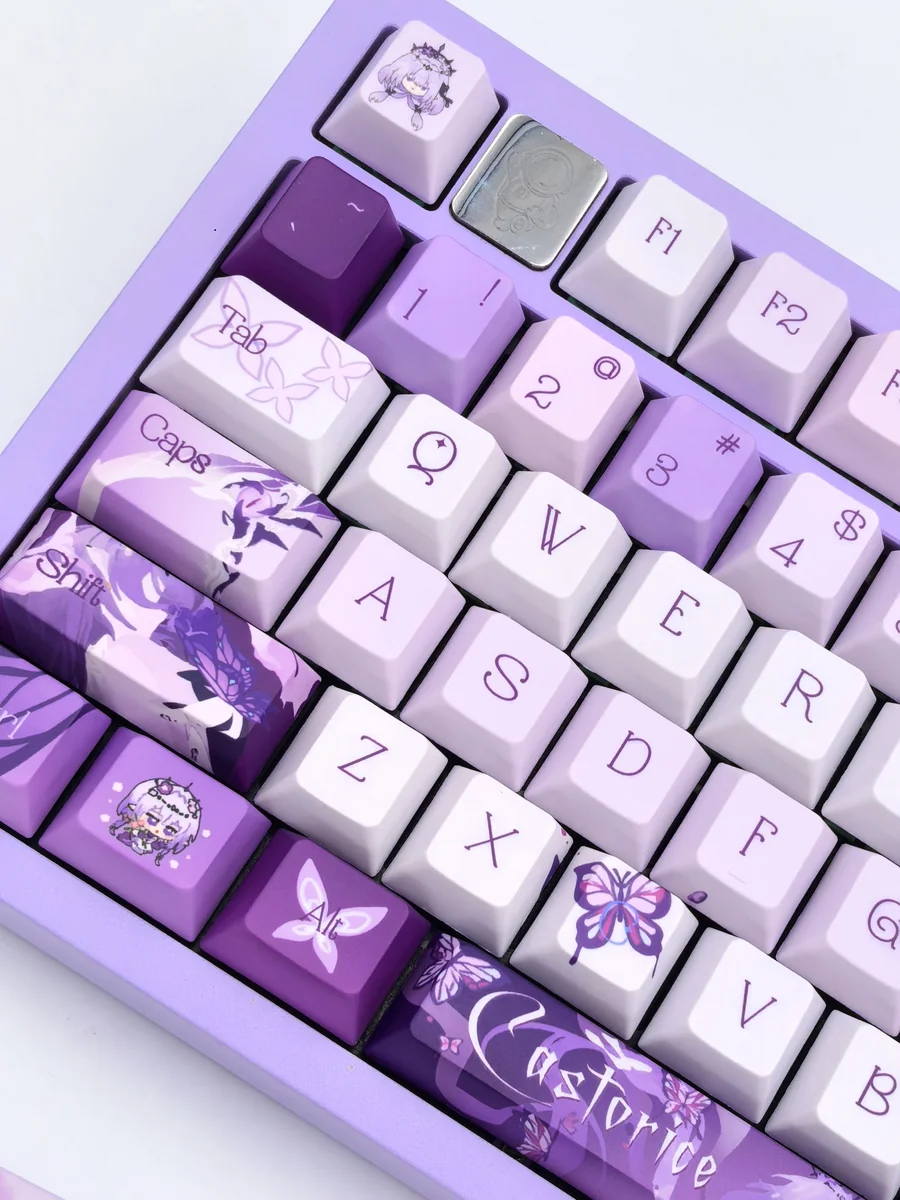 Multiple views of the exclusive Honkai Star Rail Castorice Cherry keycaps set, highlighting its ethereal universe aesthetic and elegant butterfly motifs.