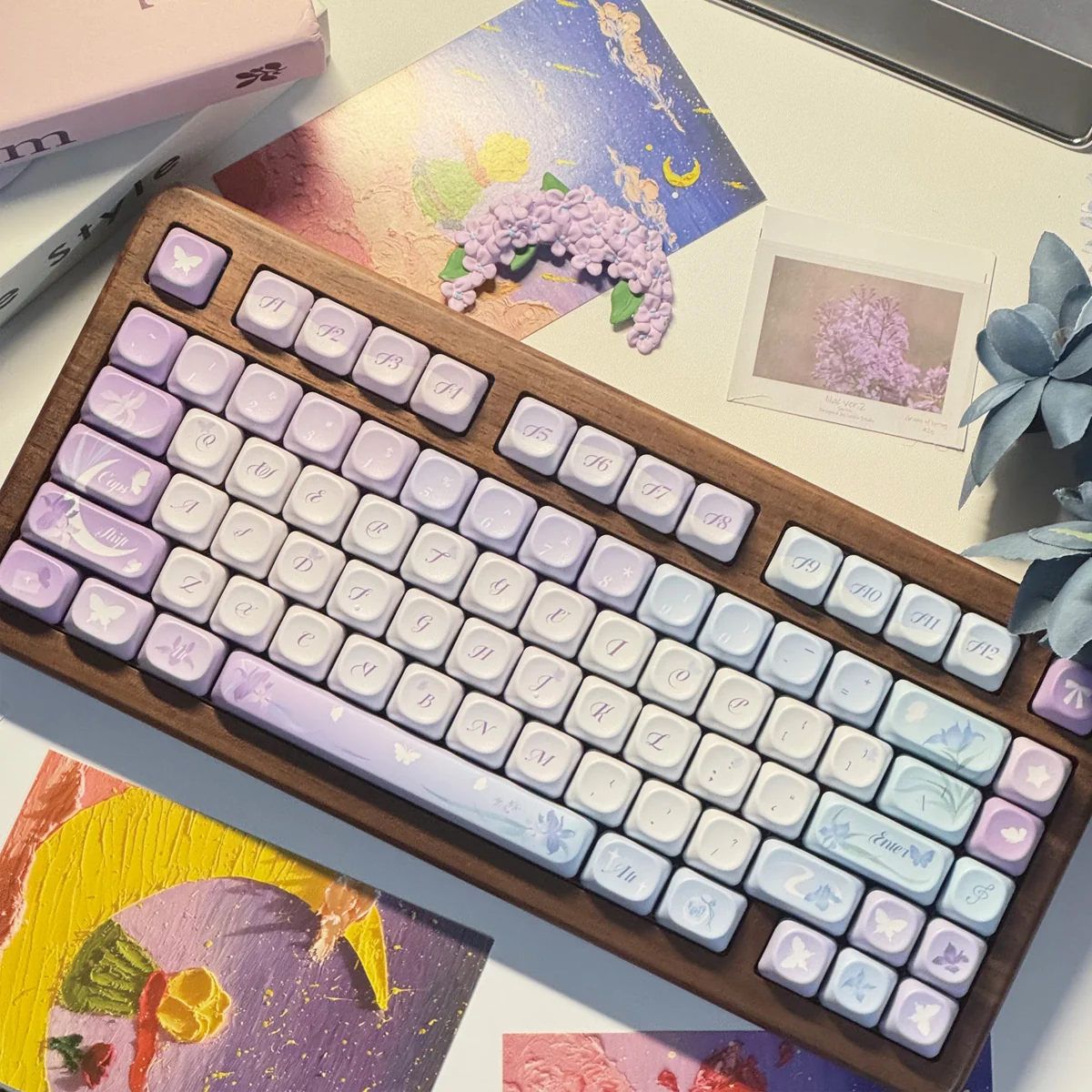 Ethereal Iris Butterfly PBT Backlit Keycap Set featuring dreamy purple irises, delicate butterflies, and serene traditional Chinese motifs.