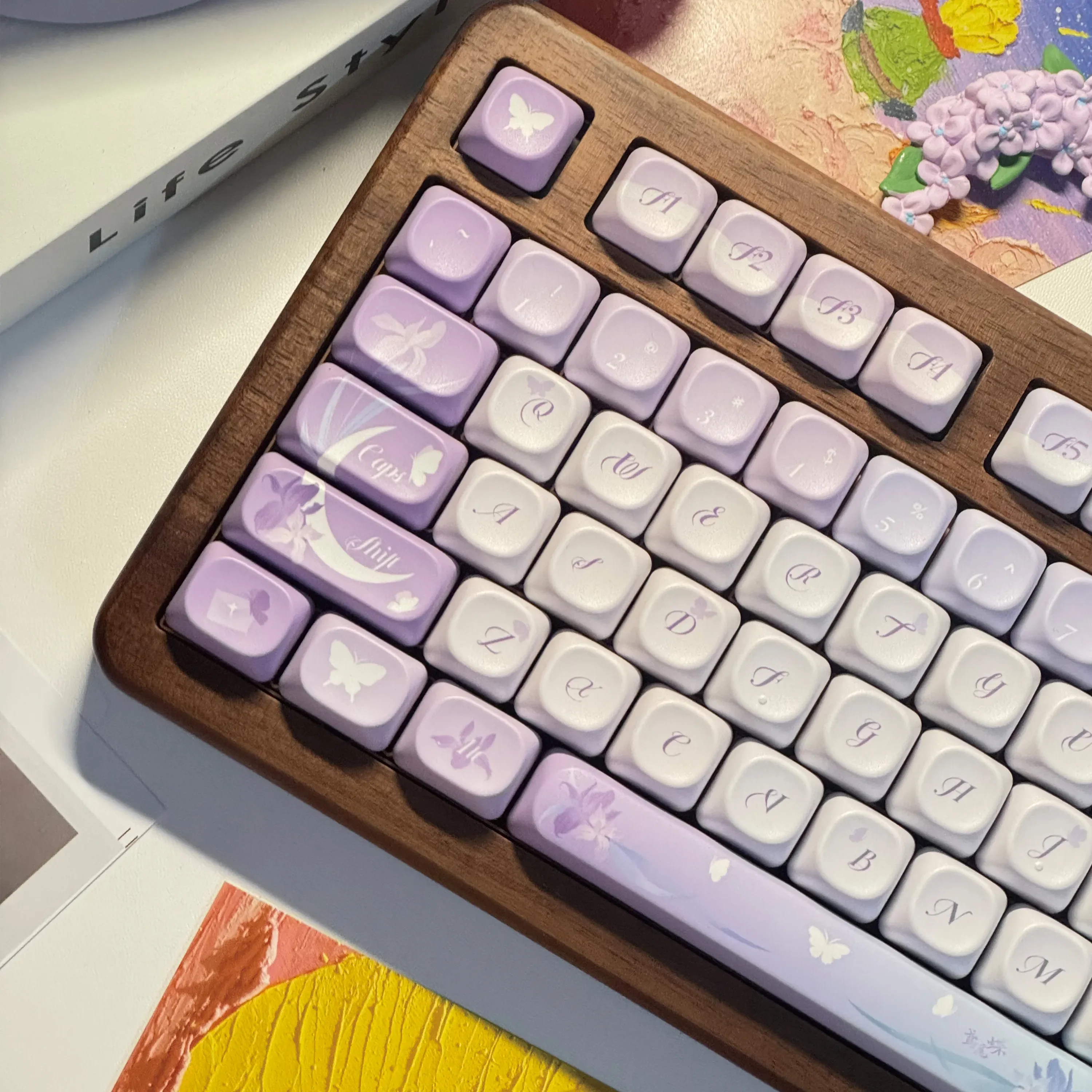 An artistic gallery view of Dreamlike Iris Butterfly PBT Chinese Style Keycaps set, showcasing intricate iris and butterfly motifs in elegant purple.