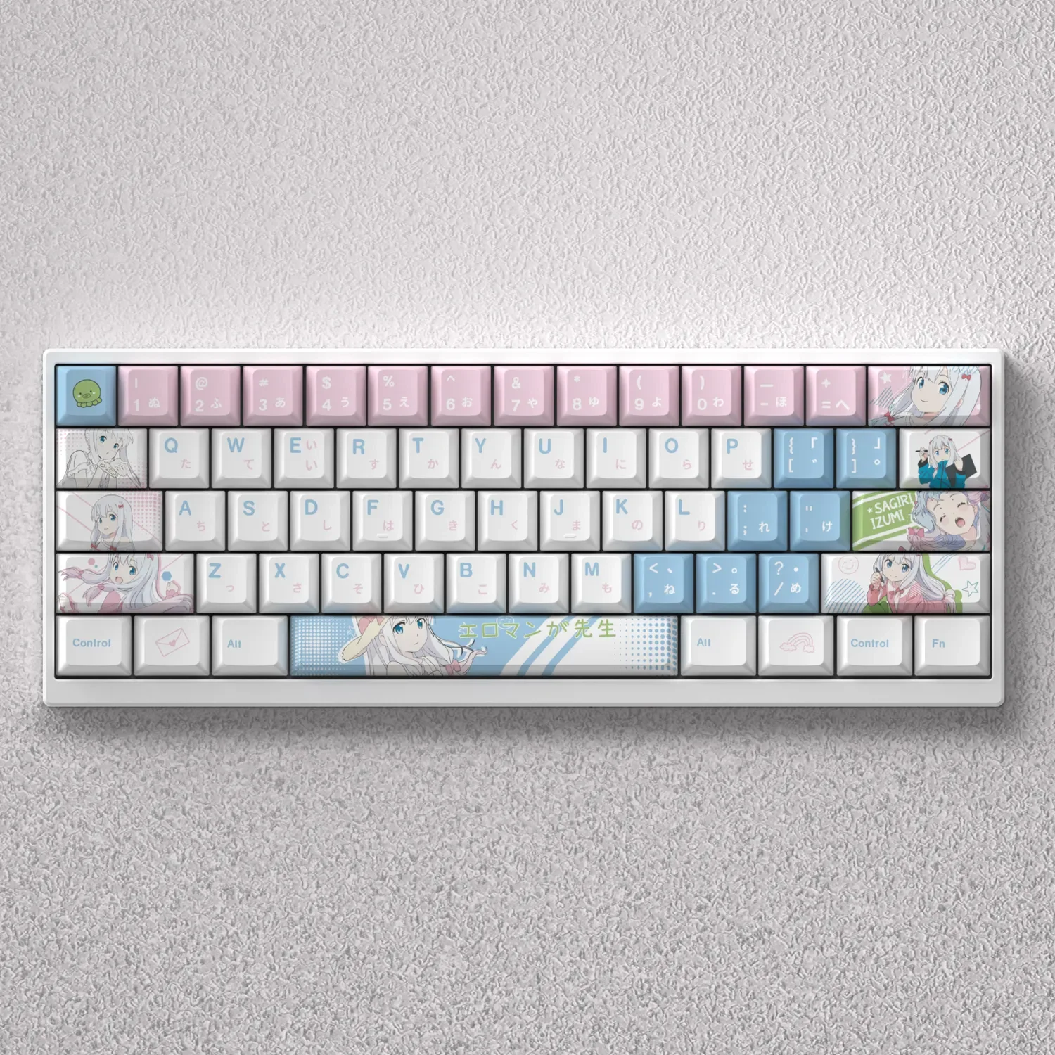 Exclusive Izumi Sagiri keycaps in a product gallery, revealing their vibrant anime character designs, crisp legends, and smooth opaque finish.