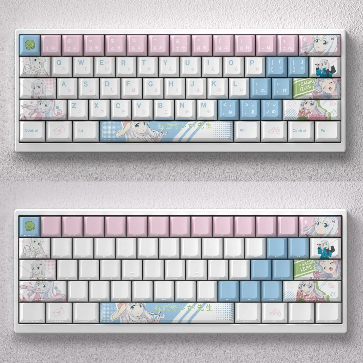 Vibrant Izumi Sagiri anime PBT dye-sub keycap set showcasing cute Eromanga Sensei character art, an exclusive find for fans.