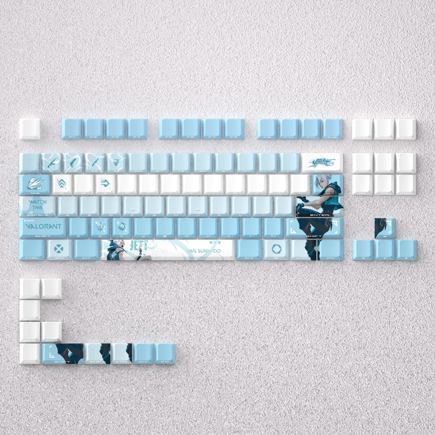 Exclusive Valorant Jett Keycaps Set for gaming keyboards, showcasing dynamic PBT art with sleek, vibrant character aesthetics.