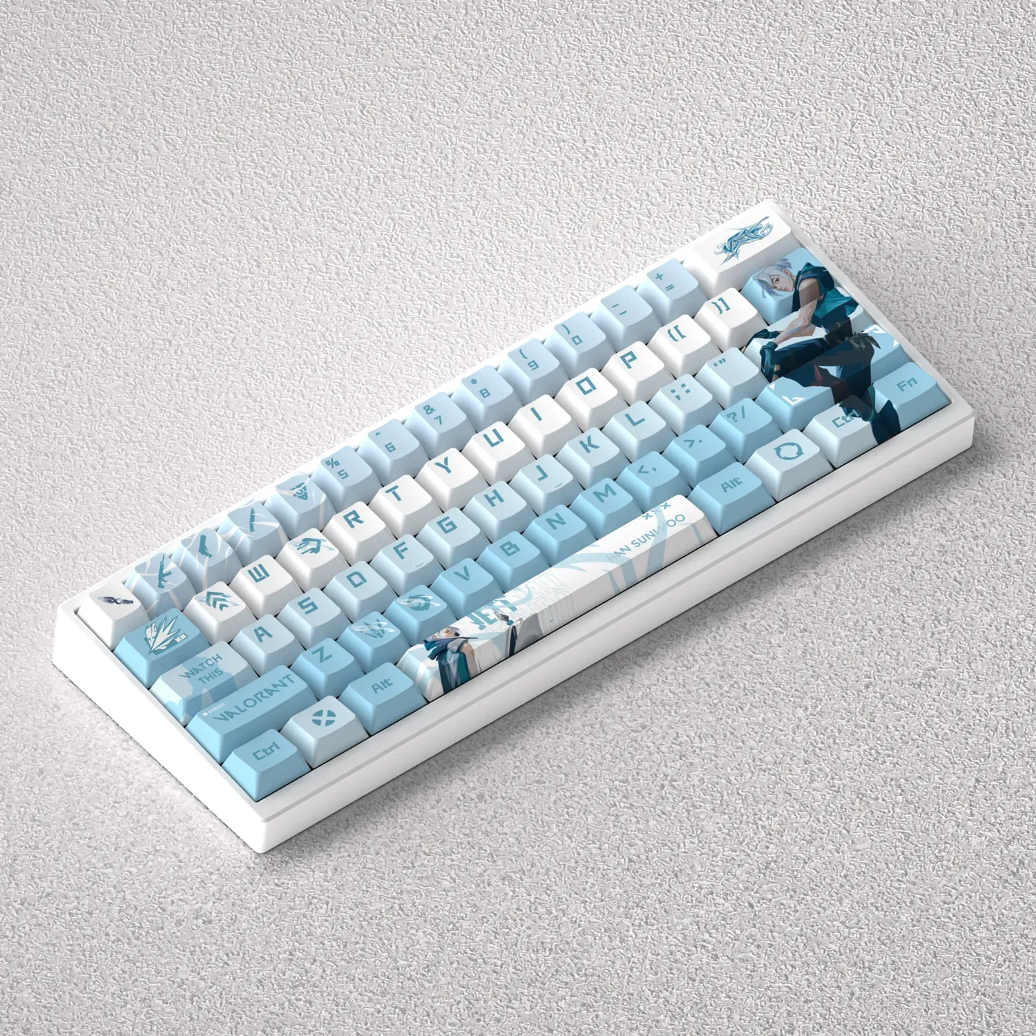 A dynamic product gallery showcasing the exclusive Valorant Jett Keycaps PBT set, with vibrant character art and sleek designs for gaming keyboards.