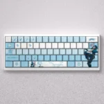 Dynamic Valorant Jett PBT keycaps set showcased from multiple angles, highlighting sleek character art and vibrant gaming aesthetics.