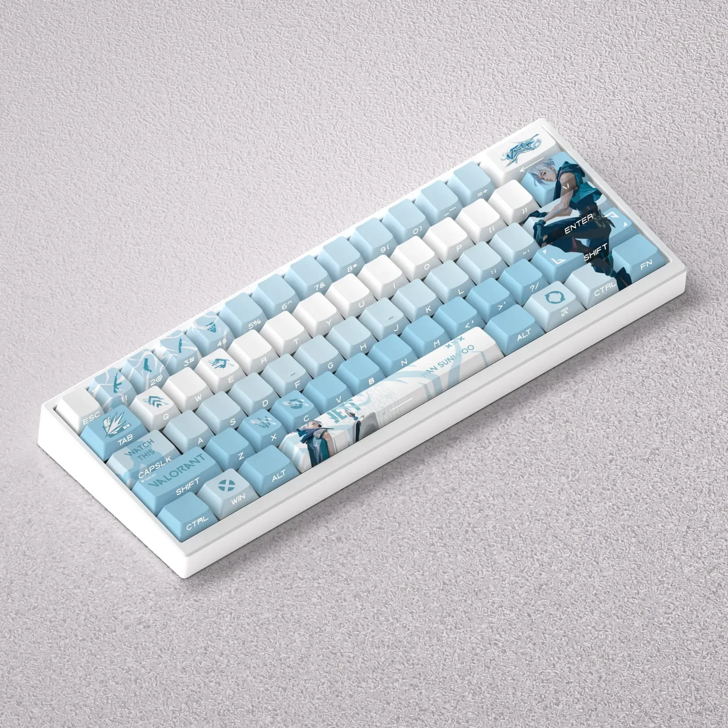 Exclusive Valorant Jett PBT Keycaps Set displayed from multiple dynamic angles, showcasing vibrant character art and sleek lines on premium gaming design.