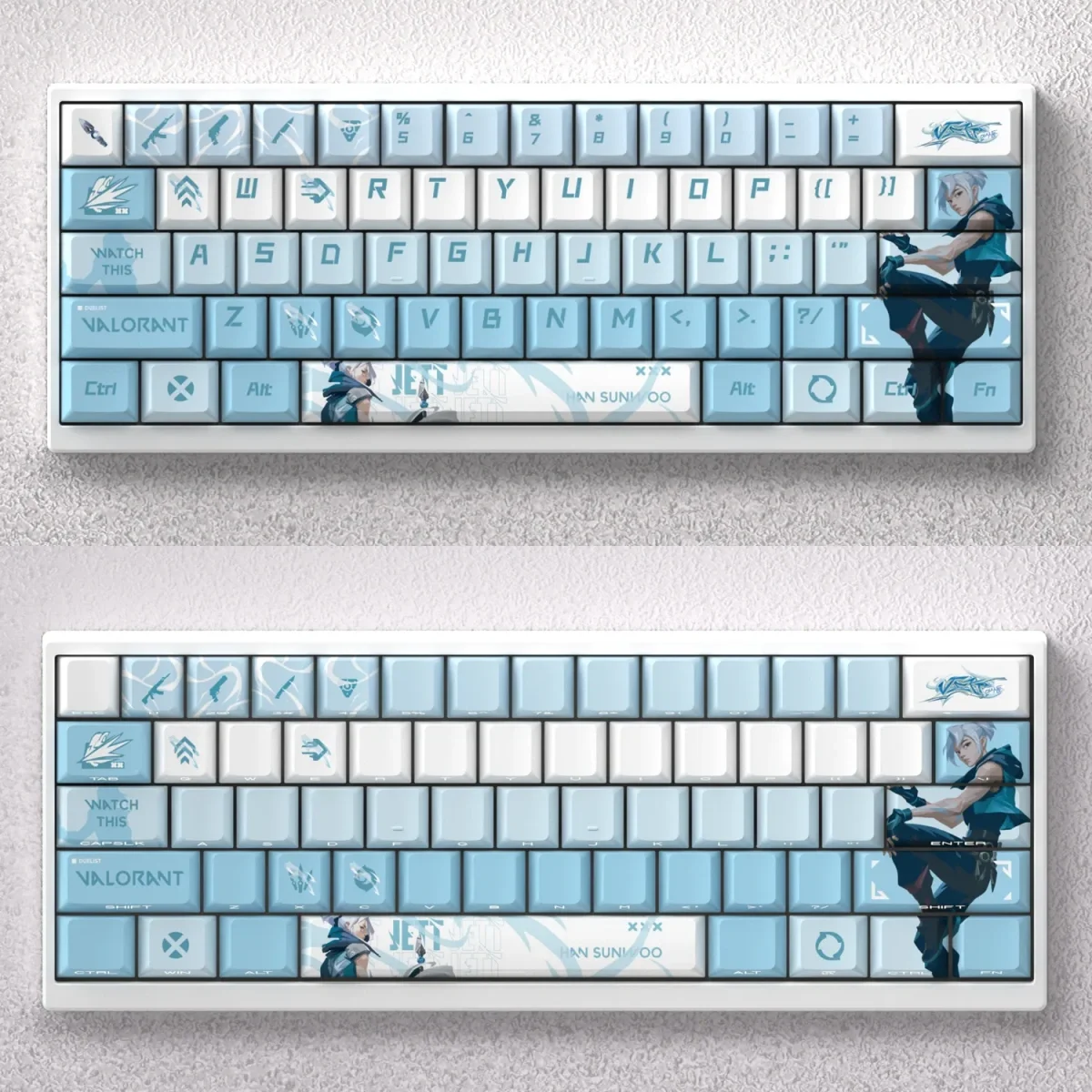Exclusive Valorant Jett Keycaps Set, featuring dynamic PBT art with sleek lines and vibrant character aesthetics for gaming keyboards.
