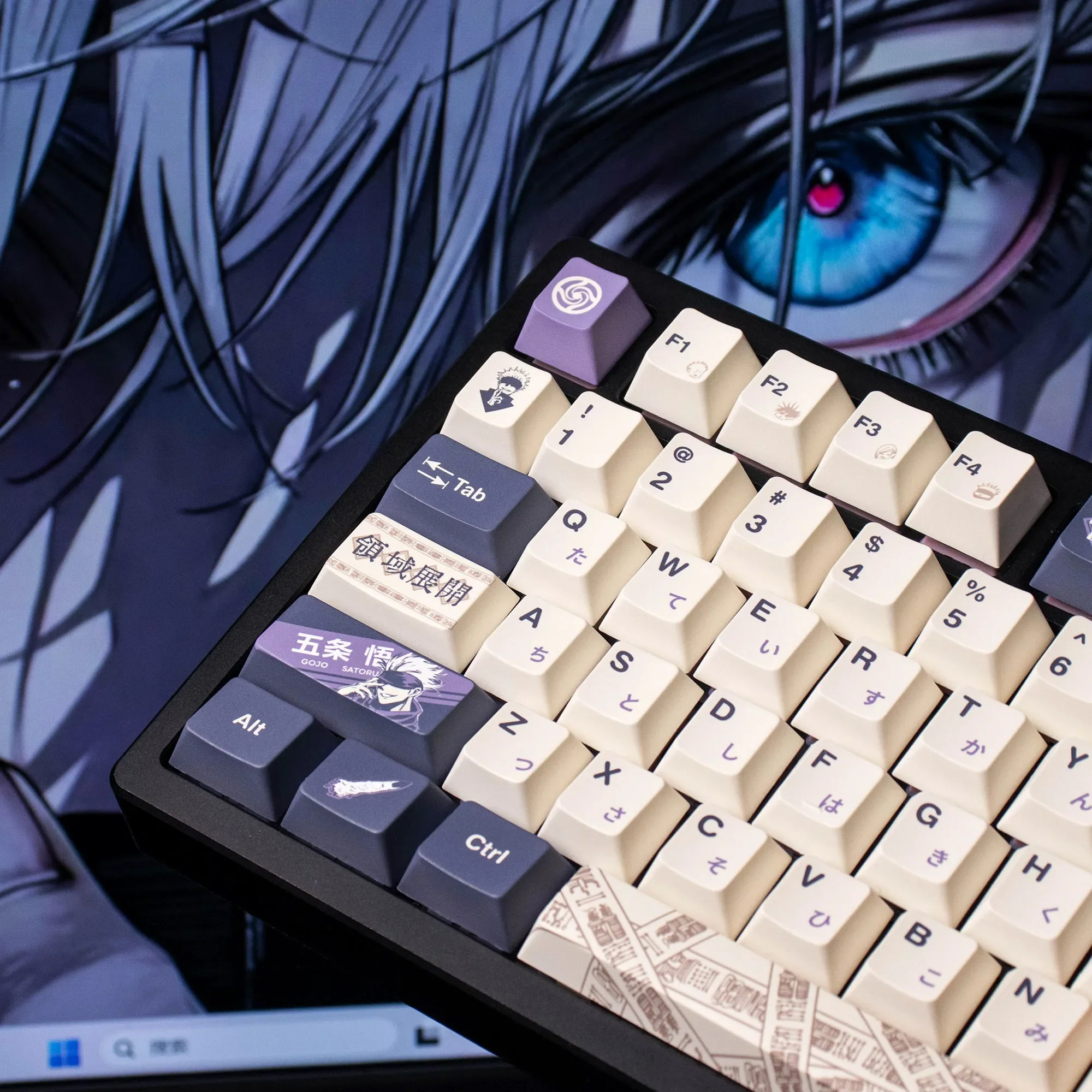Close-up of the exclusive Gojo Satoru PBT dye-sublimated Jujutsu Kaisen keycaps set, showcasing vibrant anime artwork and durable texture from multiple angles.