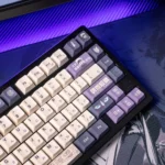 Artistic display of exclusive Jujutsu Kaisen Gojo Satoru PBT dye-sublimated keycaps set from multiple perspectives, highlighting the vibrant, durable pbt.