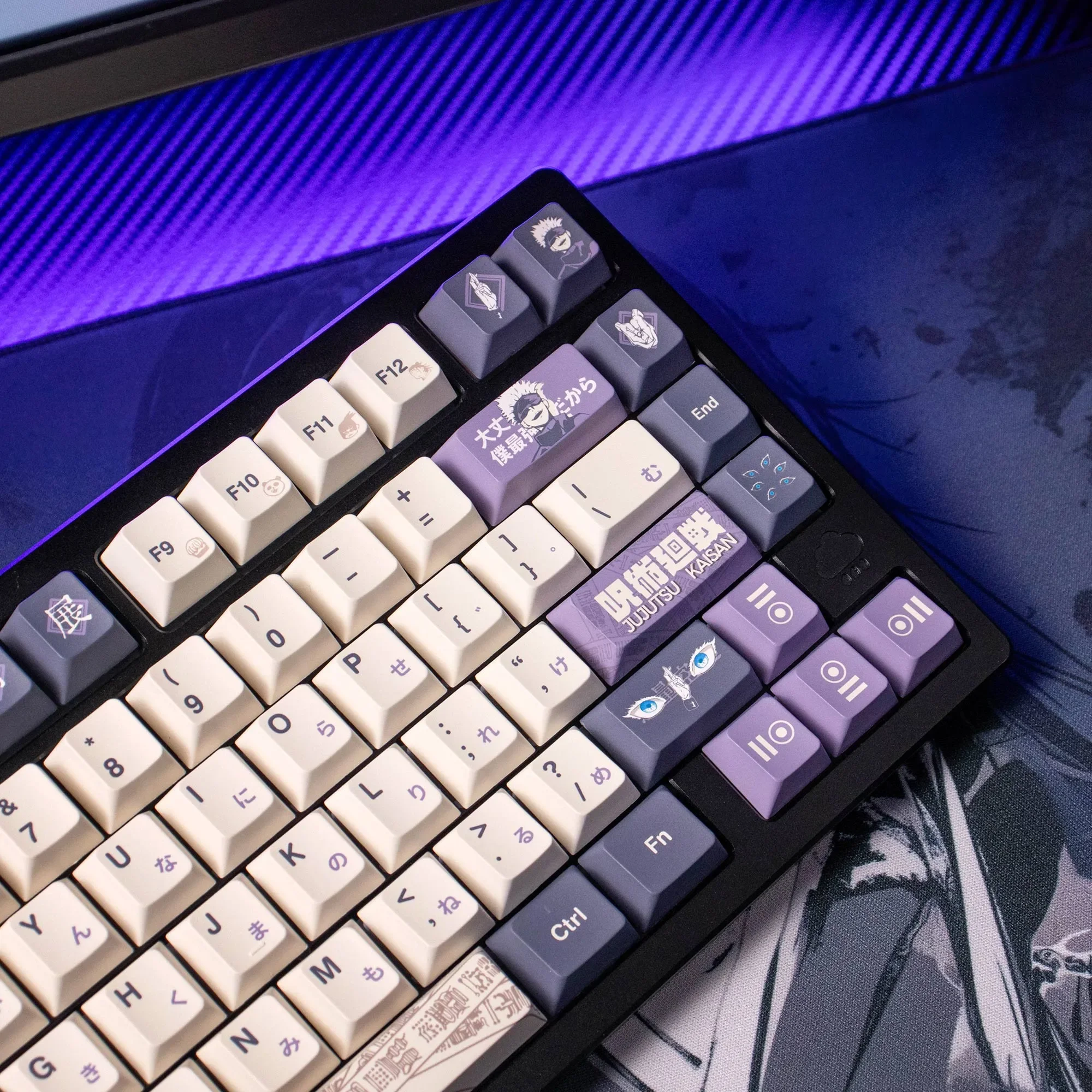 Artistic display of exclusive Jujutsu Kaisen Gojo Satoru PBT dye-sublimated keycaps set from multiple perspectives, highlighting the vibrant, durable pbt.