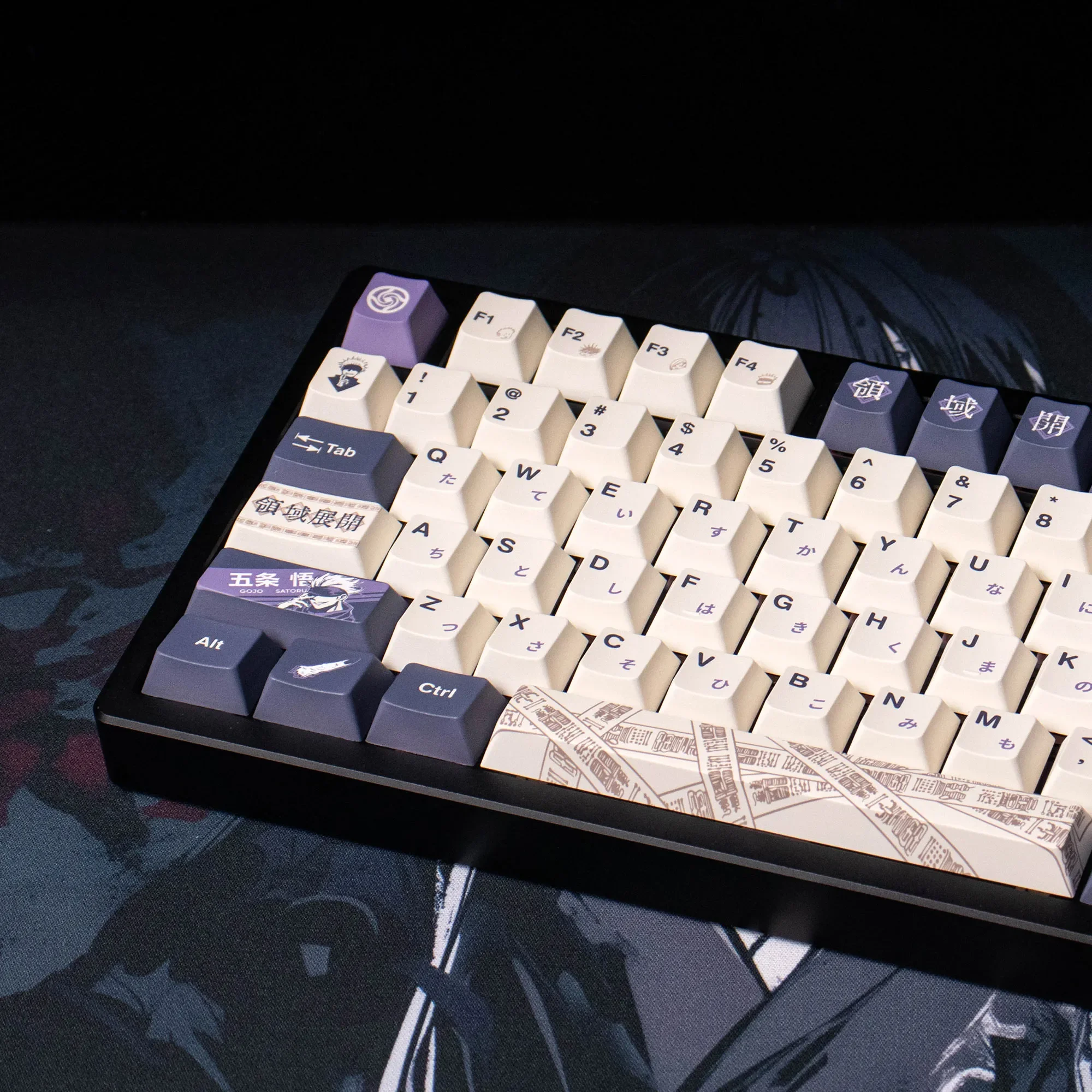 Jujutsu Kaisen Keycaps: Exclusive Gojo Satoru PBT dye-sublimated set. Various angles highlight dynamic artwork and artistic craftsmanship.