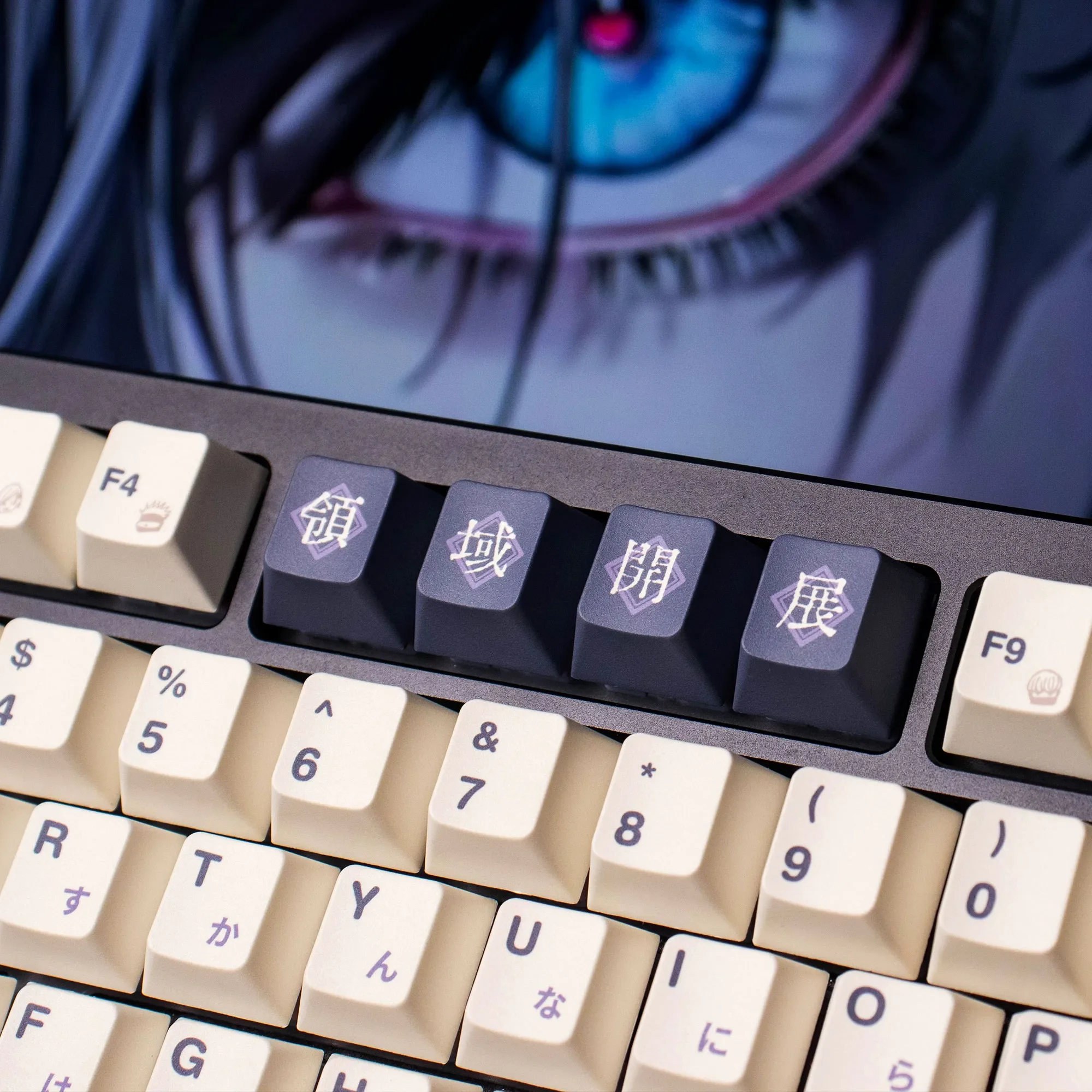 Multiple angles of the exclusive Jujutsu Kaisen Gojo Satoru PBT dye-sublimated keycap set, highlighting its dynamic artwork and premium finish design.