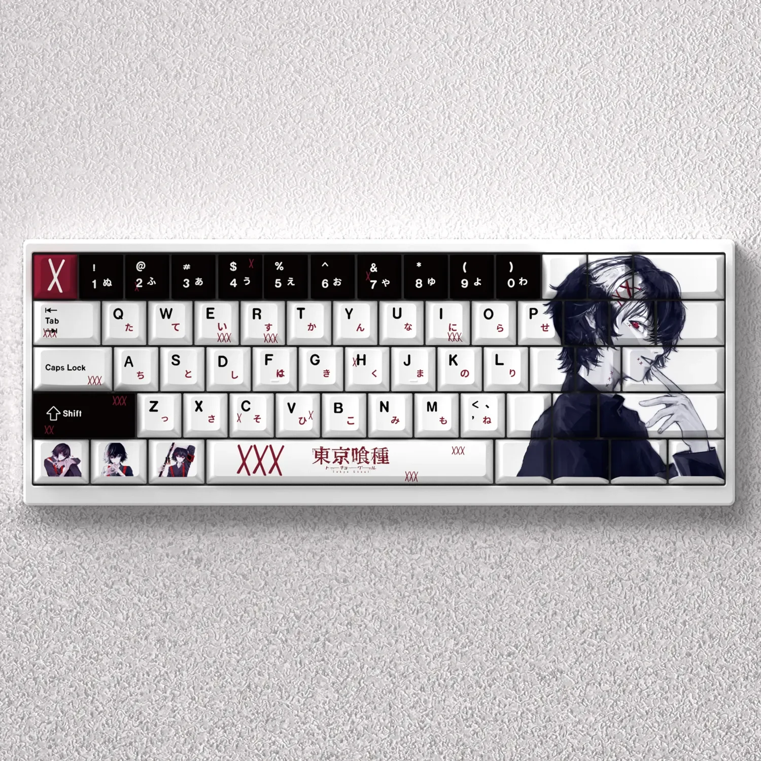 Exclusive Juuzou Suzuya Keycap Set displaying iconic stitches and a dark, rebellious anime aesthetic for mechanical keyboards.