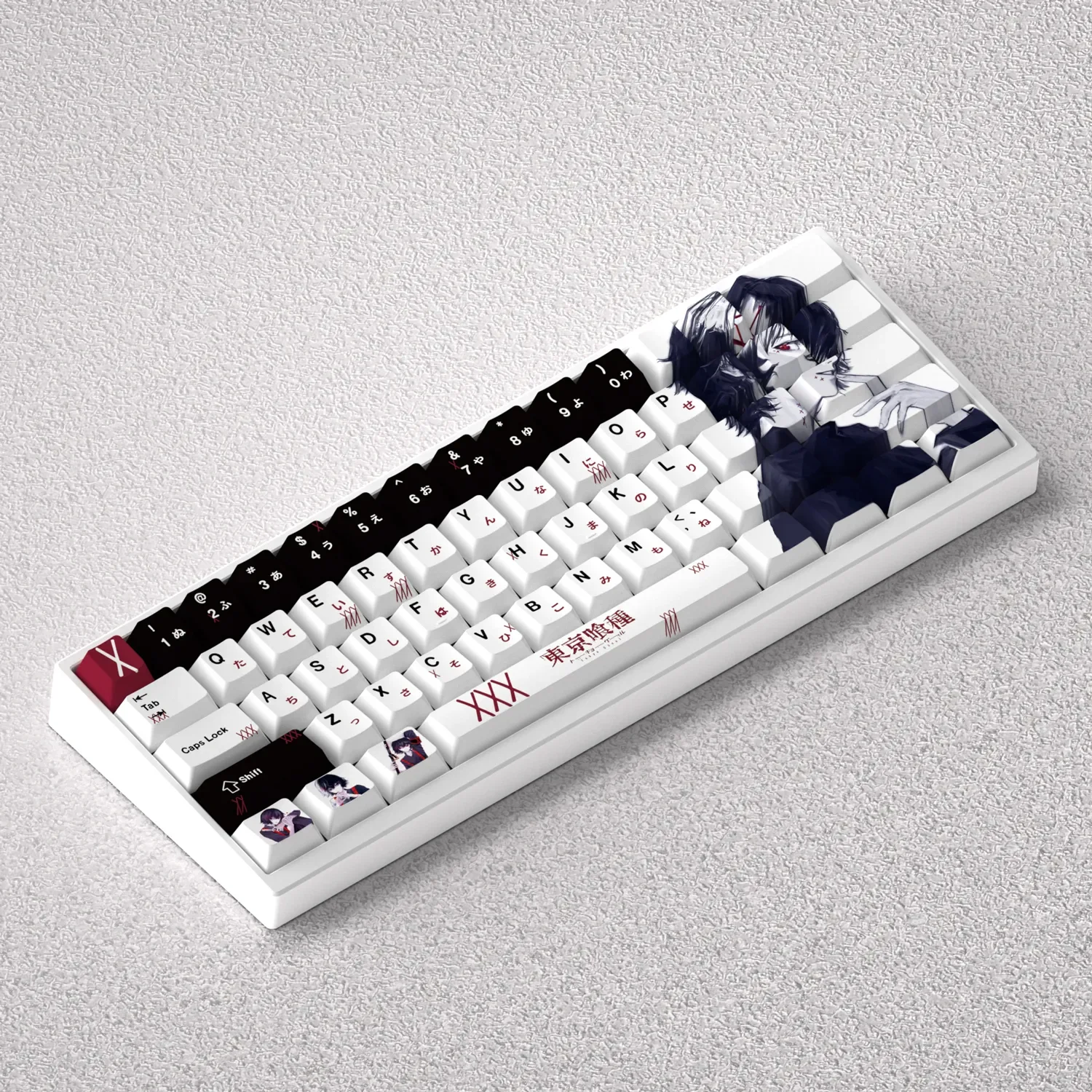 Artistic views of the exclusive Juuzou Suzuya Keycap Set, highlighting iconic stitches and rebellious dark anime motifs for mechanical keyboard.
