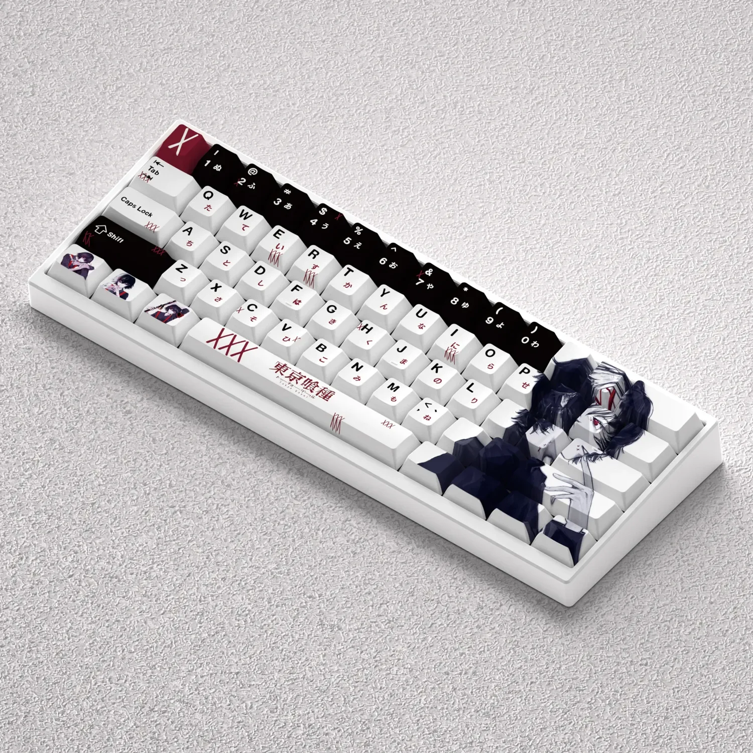 Exclusive Juuzou Suzuya Keycap Set, displaying rebellious anime stitches and dark aesthetic details for mechanical keyboards.