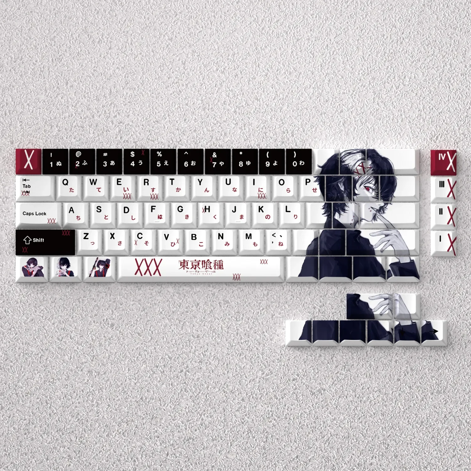Exclusive Juuzou Suzuya Keycap Set displayed, featuring rebellious stitches and dark anime aesthetic.