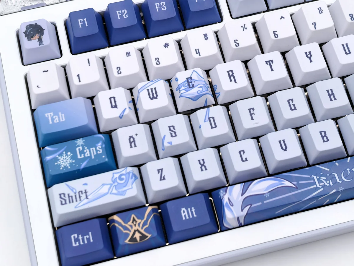 Artisan Kaeya Genshin Impact keycap set from various angles, showcasing icy blues, noble gold, and dark accents. An exclusive, elegantly themed design.