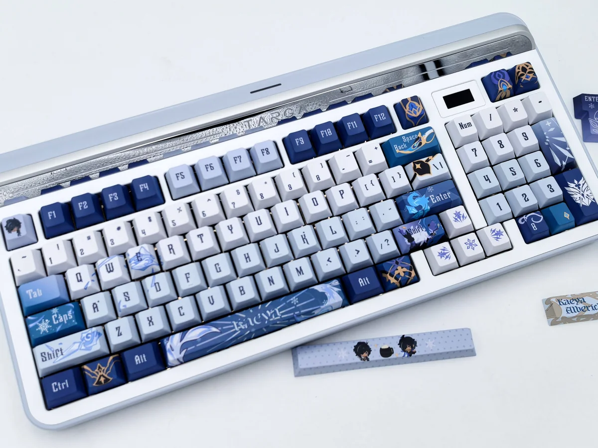 Showcasing exclusive Kaeya Keycaps set, an artisan Genshin Impact set with icy blues, noble gold, and dark accents capturing mystique.
