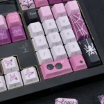 A detailed view of the enigmatic Kafka double-shot PBT keycaps set, highlighting the subtle side-printed legends in a sleek purple and black aesthetic.