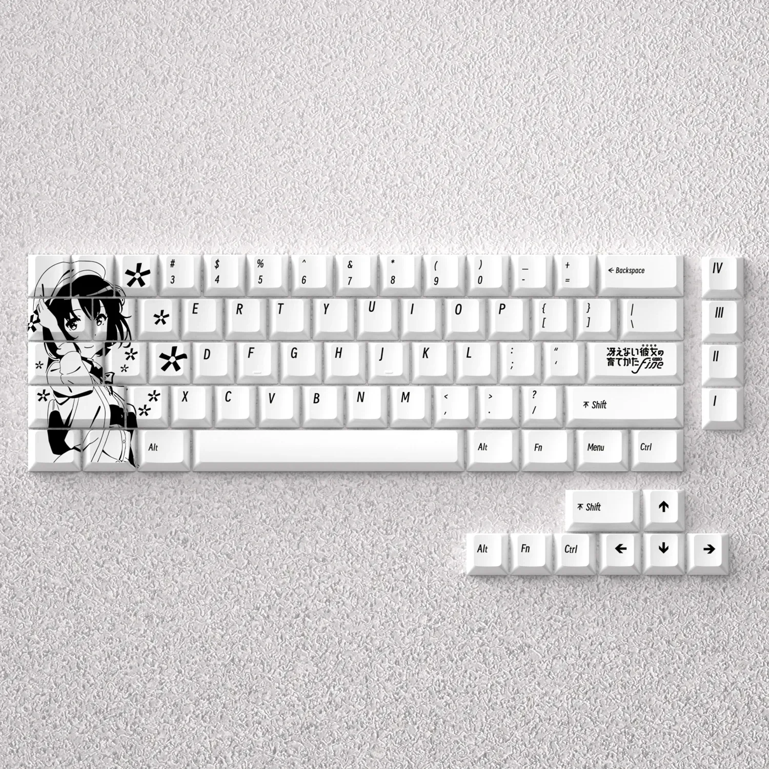 Exclusive Kato Megumi PBT keycap set showcased, featuring iconic Saekano anime character art meticulously crafted for a mechanical keyboard.