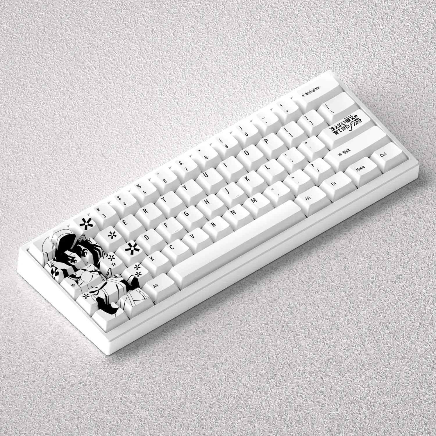 Multiple angles showcase the exclusive Kato Megumi PBT keycap set, highlighting the iconic Saekano character art for 60% 65% 68% keyboards.