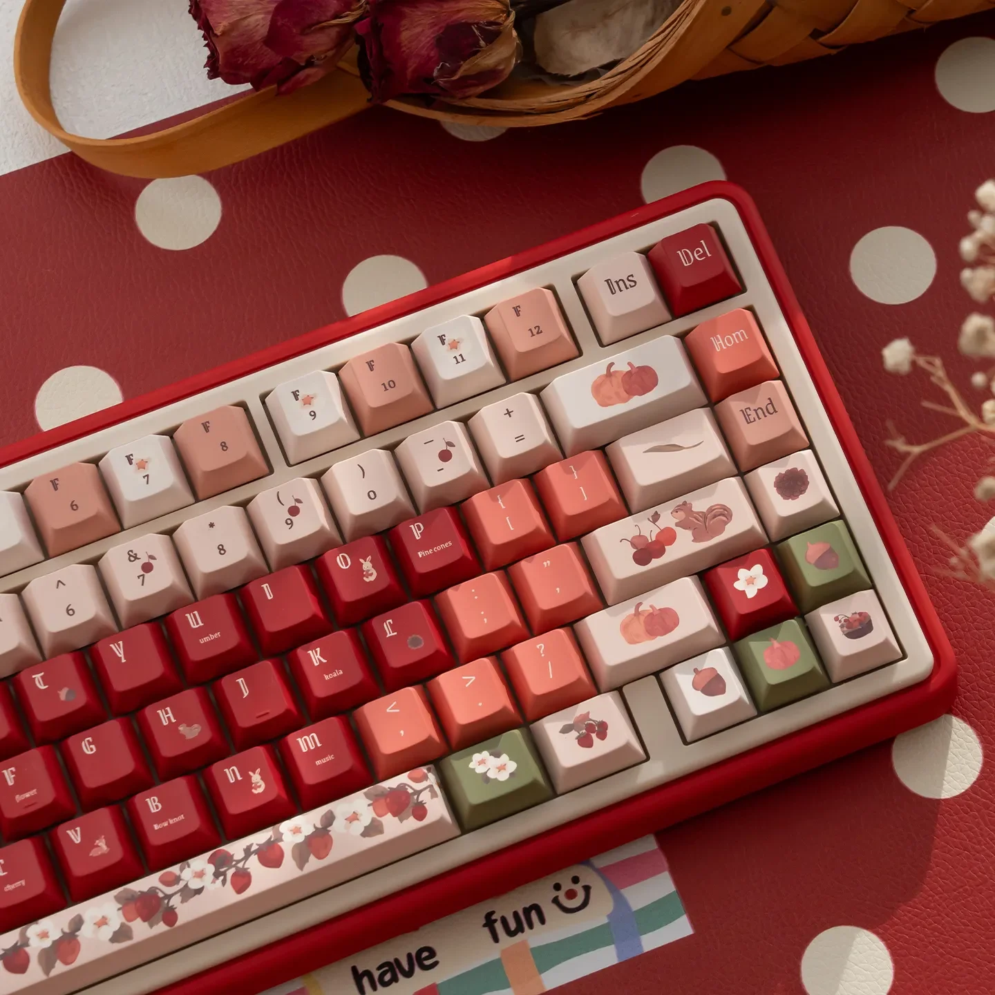 UR82 Rouge Enchanted Forest Custom Mechanical Keyboard, with nature-themed keycaps, sleek rouge casing, and premium Hifi Gasket typing.