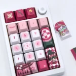 Vibrant red and white Kiriko Overwatch PBT keycaps set, showcasing multiple angles of the durable Cherry profile keys with Kitsune spirit and ninja aesthetics.