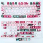 Overwatch Kiriko PBT keycaps set, vibrant red and white with Kitsune spirit and ninja aesthetic, shown from multiple angles highlighting durable PBT design.