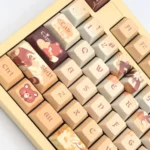 Exclusive Mr Love Kiro PBT dye-sub keycap set, showcasing vibrant Kiro character art and game motifs in soft romantic colors from a detailed perspective angles.