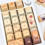 Detailed view of the exclusive Mr Love Kiro PBT Dye-Sub Keycap Set, highlighting vibrant character art and game motifs in soft, romantic hues.