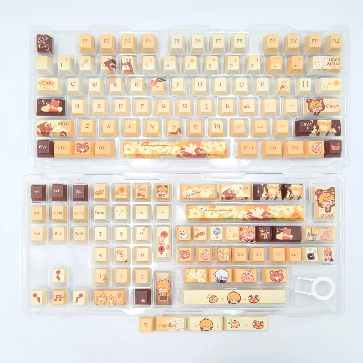 Exclusive Mr Love Kiro PBT dye-sub keycap set, showcasing vibrant Kiro-inspired character art and game motifs in soft, romantic colors from various angles.