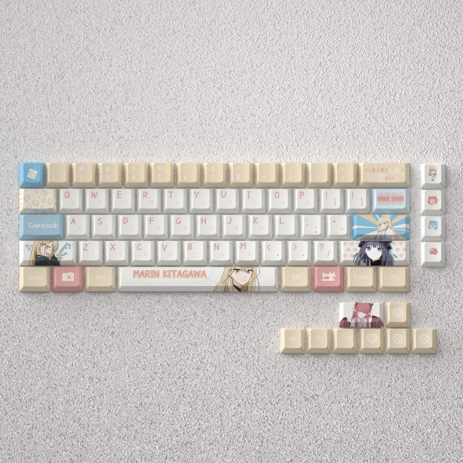 Exclusive Kitagawa Marin PBT keycap set for mechanical keyboards, showcasing vibrant anime character art.