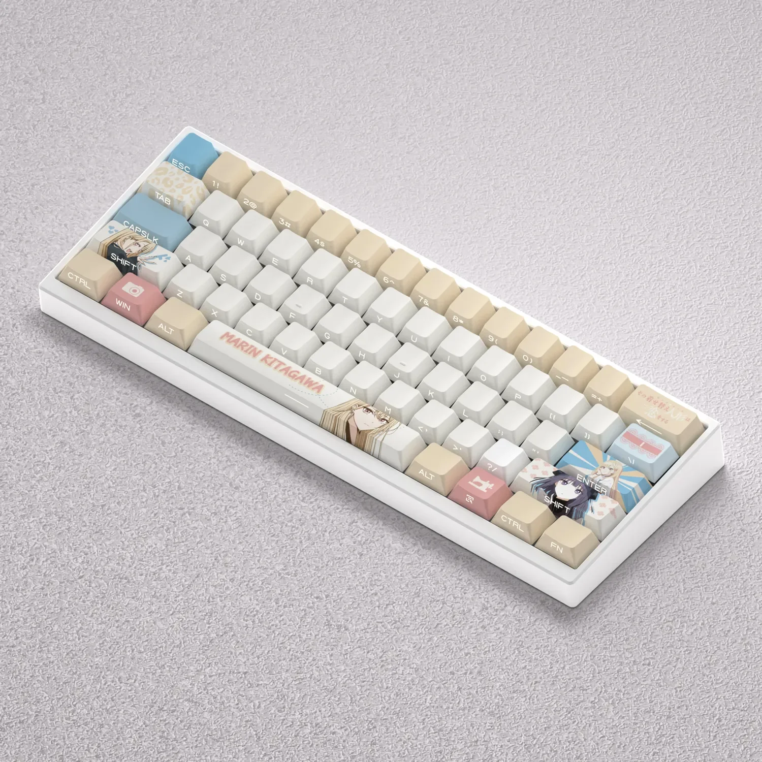 Vibrant Kitagawa Marin PBT keycaps set for mechanical keyboards, shown from multiple angles. This exclusive custom anime set features expressive design.