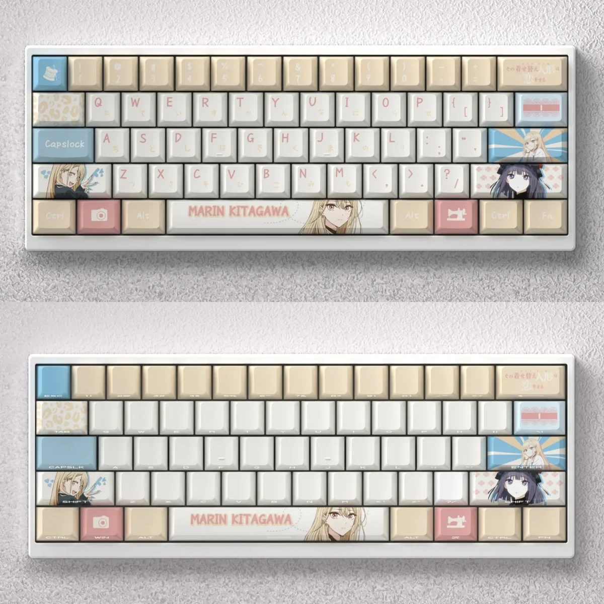 Main display of the exclusive Kitagawa Marin keycaps set, showcasing vibrant and expressive anime character art. Custom PBT keycaps for mechanical keyboard.