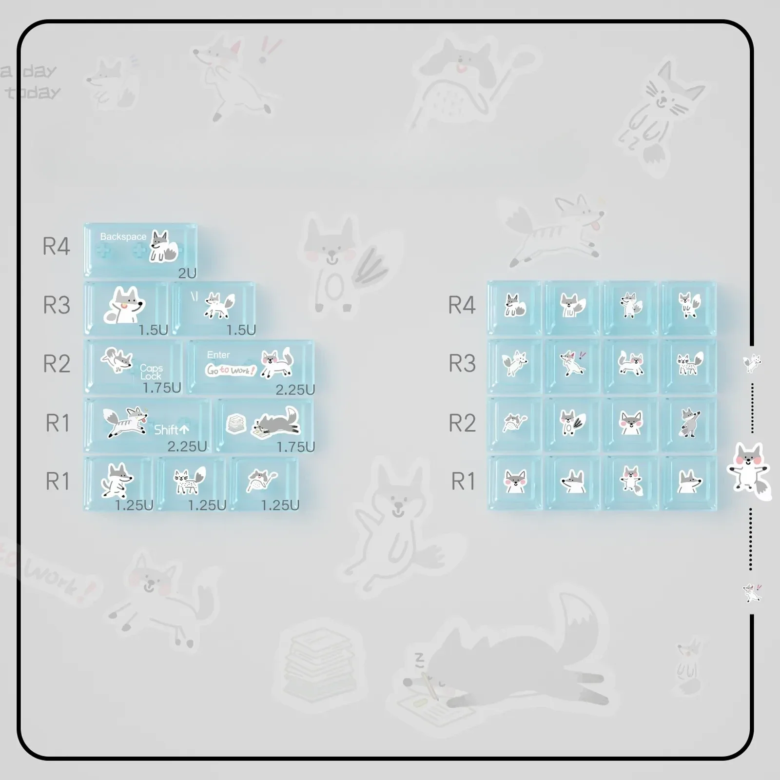 Full set of Whimsical Artistic Collage Lazy Fox Keycap Set, crafted from premium PBT+PC, showcasing their charming and unique design.