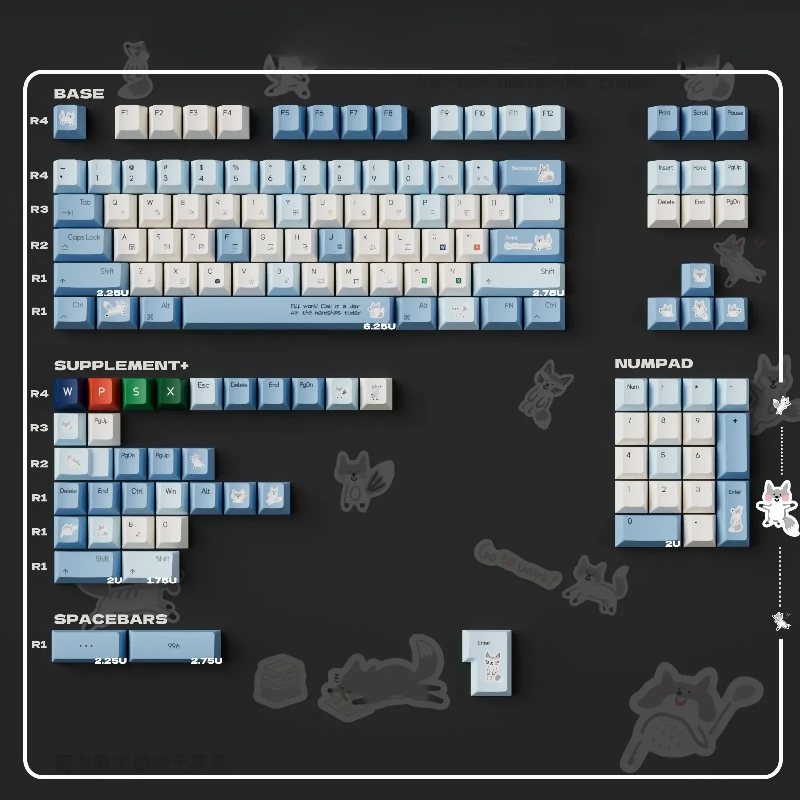 Whimsical Artistic Collage Lazy Fox Keycaps full set, crafted from premium PBT+PC, beautifully displayed to highlight the playful design.