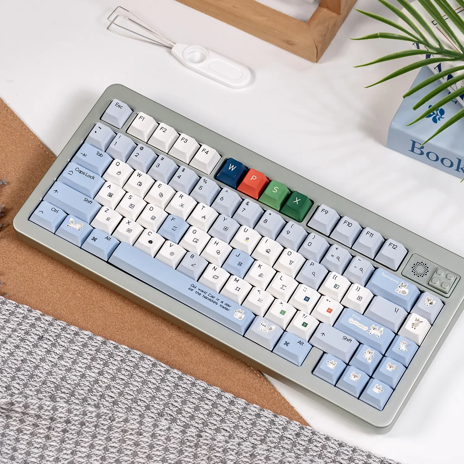 Multiple angles of Whimsical Artistic Collage Lazy Fox Keycaps Set, highlighting the playful design and premium PBT+PC texture.