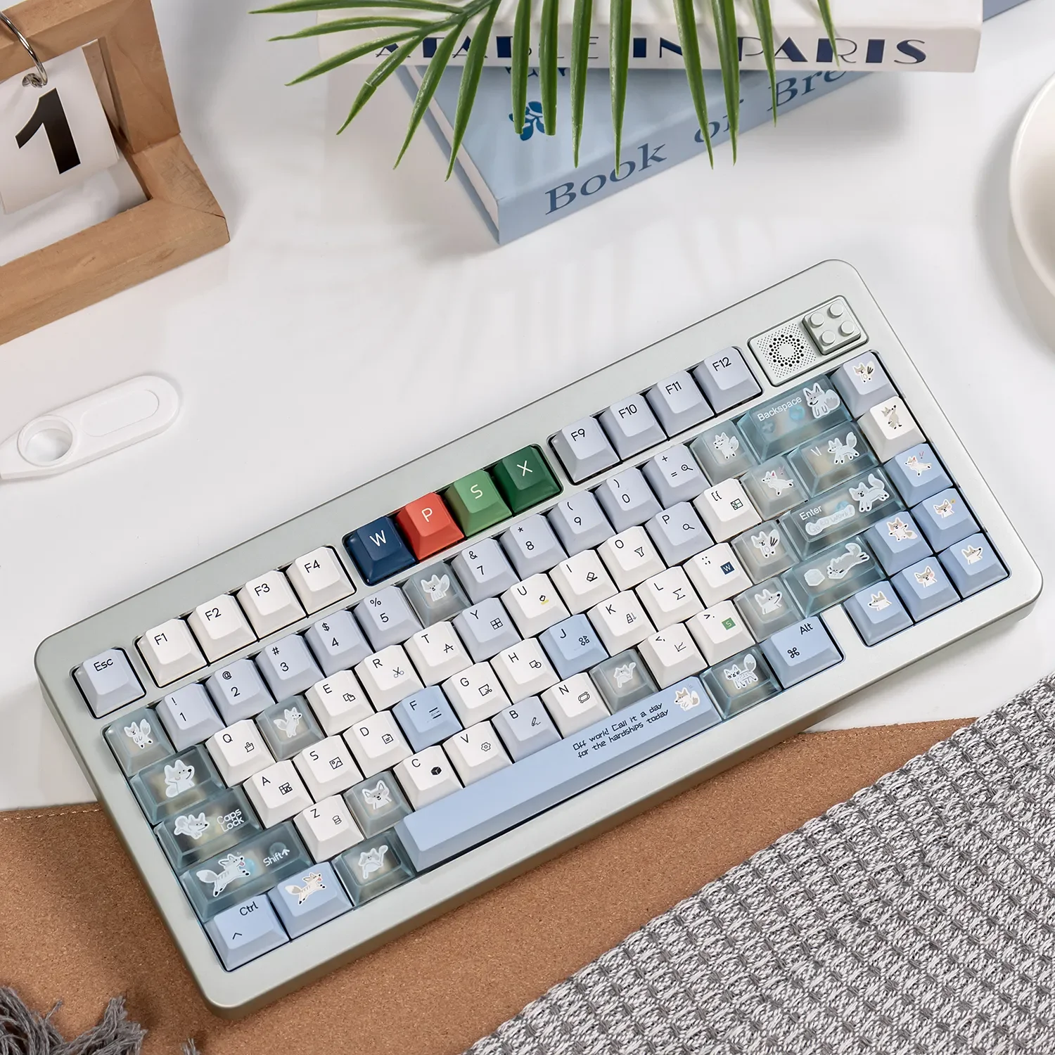 Artistic collage Lazy Fox Keycaps full set, showcased from multiple angles. Highlighting premium PBT+PC material and whimsical design.