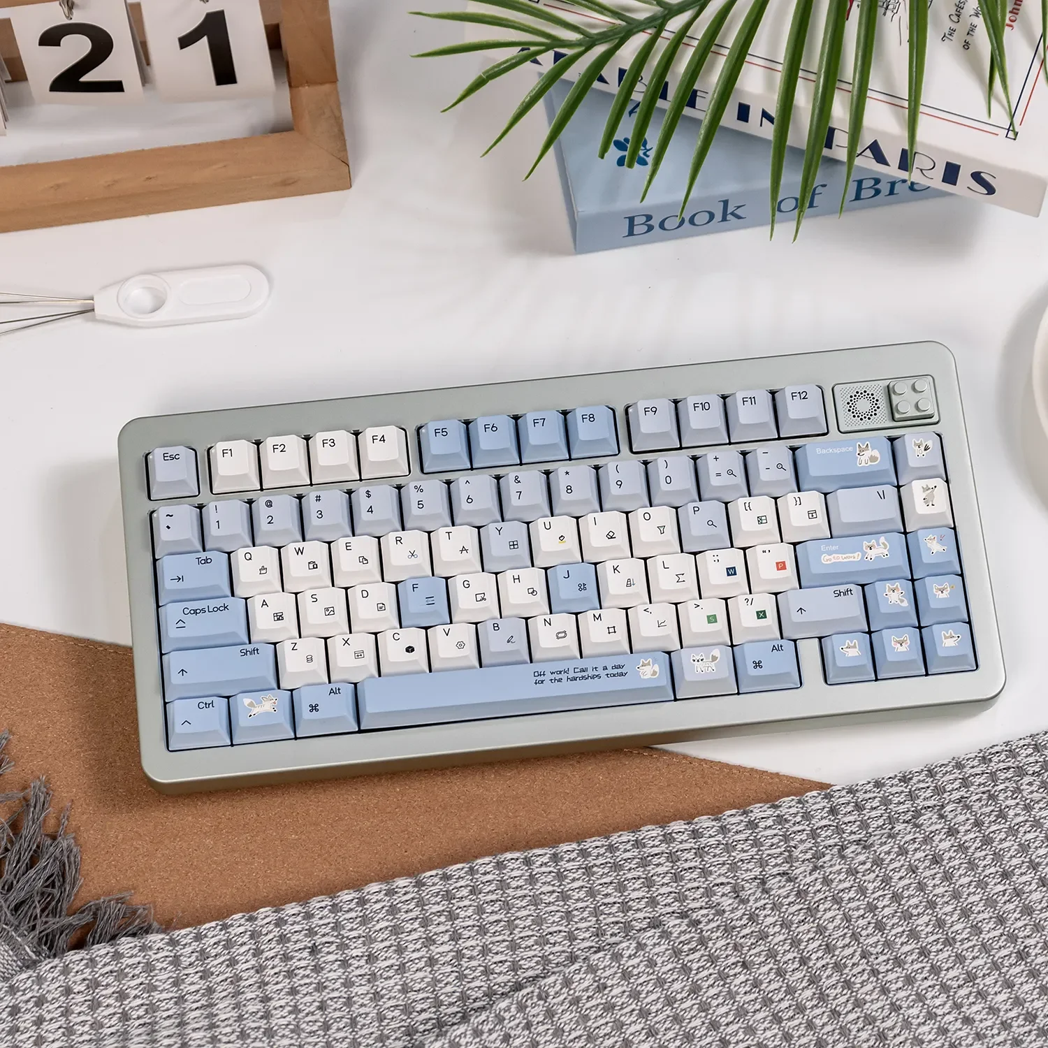 Whimsical Artistic Collage Lazy Fox Keycaps full set, crafted from premium PBT+PC, displayed from various angles highlighting intricate details.