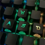 Lightning Cloud Movement Control Keycaps, seen from various angles, highlighting their vibrant translucent ABS design.