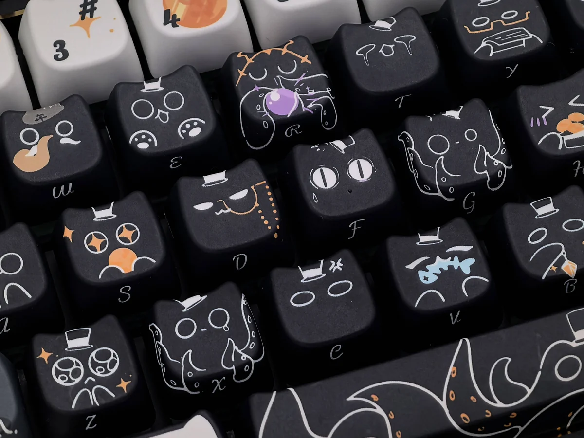 Exclusive Lord Mysteries Klein Moretti keycaps set, showcasing whimsical illustrations and mystical Lord of the Mysteries motifs from multiple artistic angles.