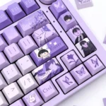 Lucien Keycaps Queen's Choice PBT set, elegantly displayed from multiple angles. Observe the exclusive purple and blue Lucien-themed motifs and durable setup.