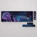 Iconic Lucy Cyberpunk Edgerunners anime keycaps set, featuring vibrant character art in a striking neon-noir aesthetic on a mechanical keyboard.