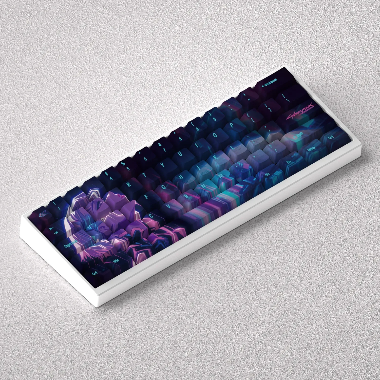 Iconic Lucy Cyberpunk Edgerunners anime keycaps set for mechanical keyboards, displaying its vibrant neon-noir aesthetic and intricate character art.