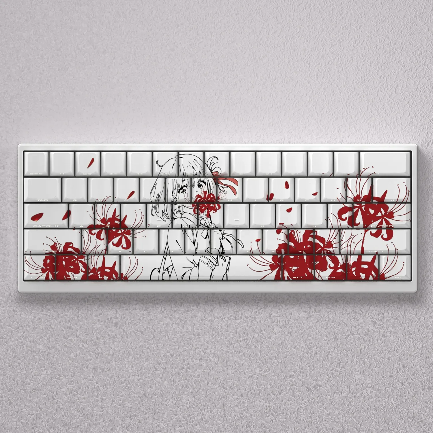 Vibrant Luminous Lycoris Recoil Chisato PBT Anime Keycaps Set, showcasing crisp character art and luminous side-printed legends for a playful design.